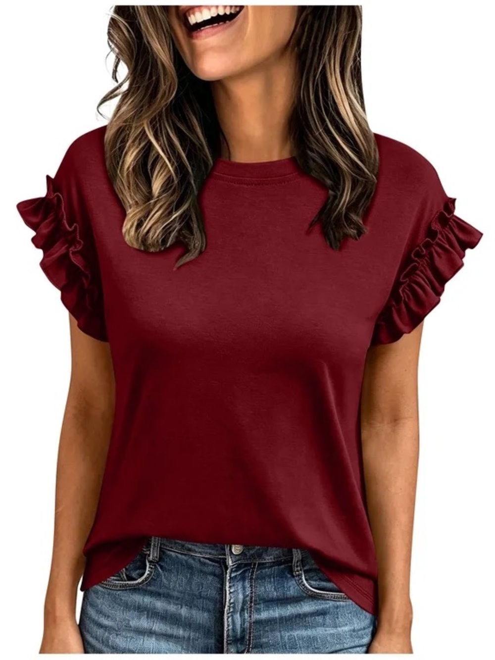 Ruffle Sleeve Short-Sleeve Tee in Burgundy